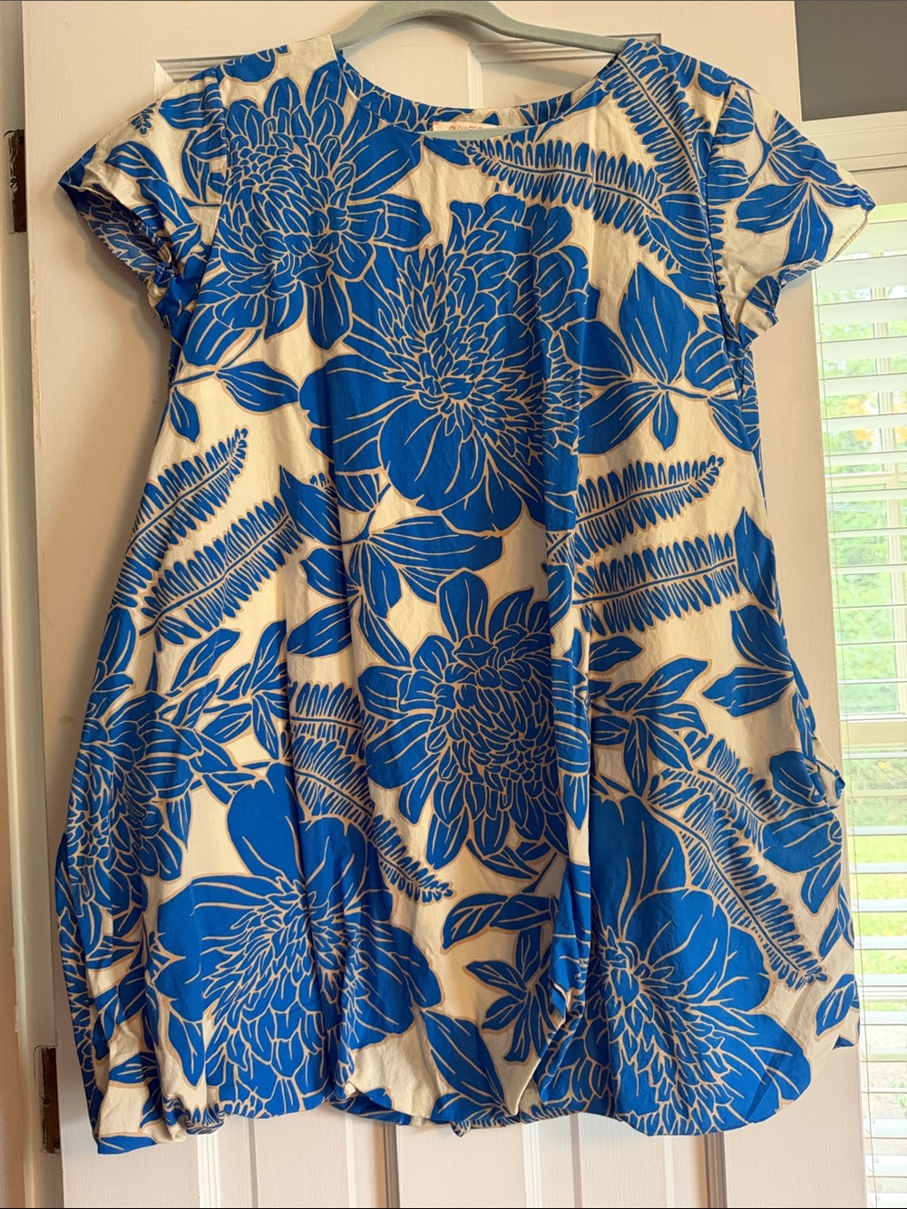 Olivaceous Cream Mini Dress with Bold Blue Floral Print